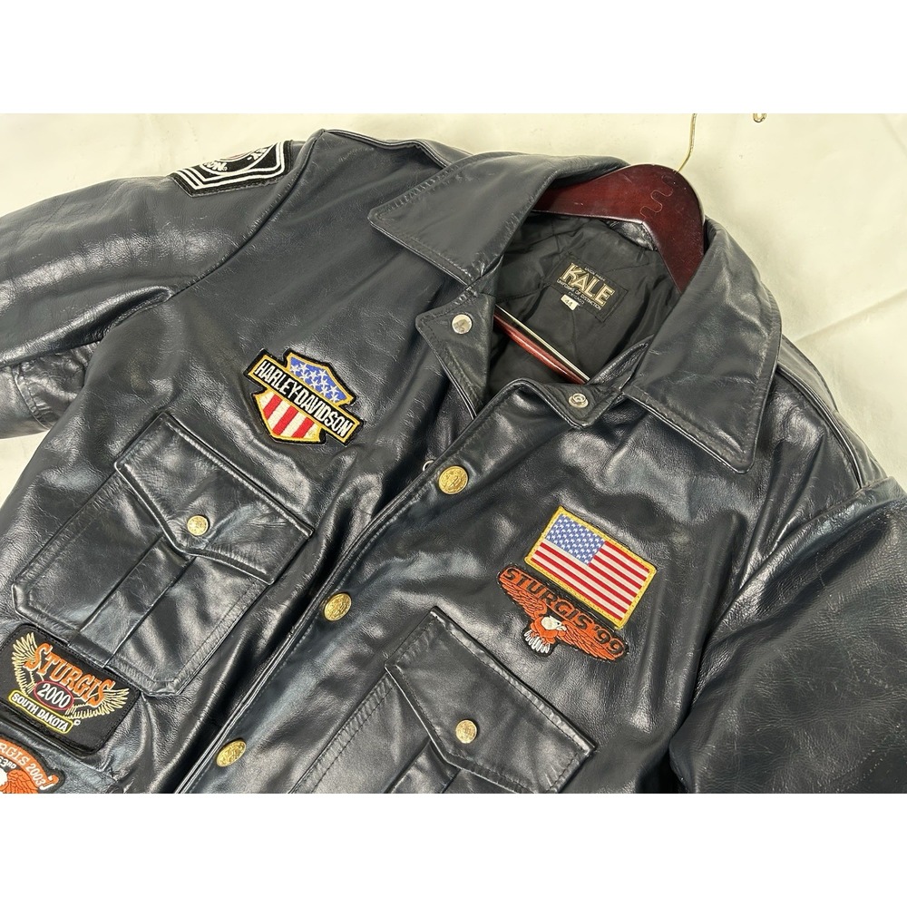 VTG Kale Chicago Police Leather Heavy Weight Biker Jacket Harley Sturgis Patches